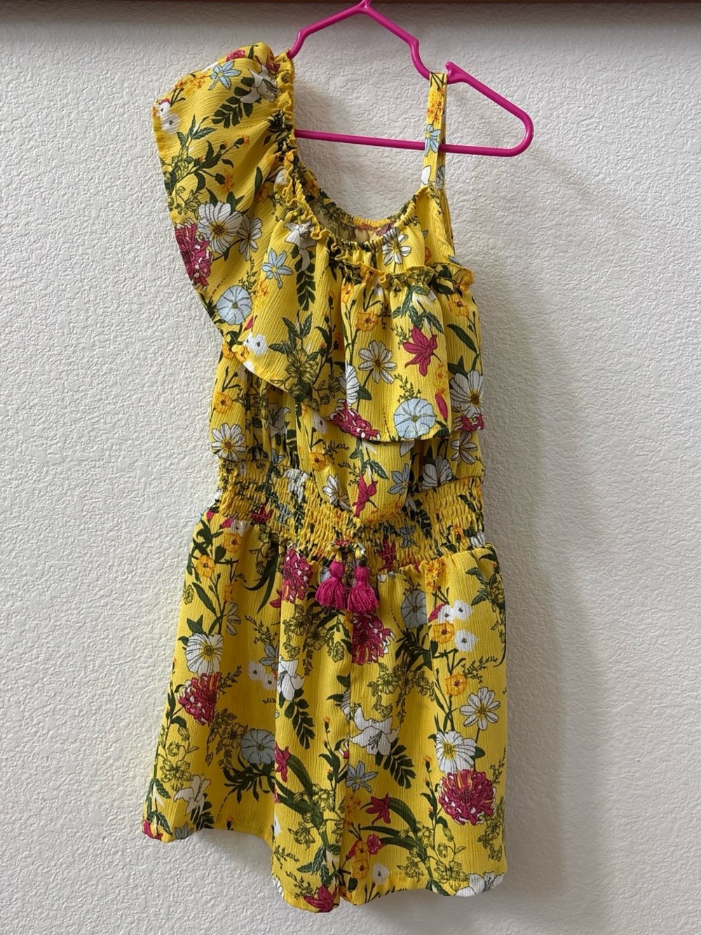 BCBGirls Girls Yellow Floral Romper Size 7/8 One Shoulder Ruffle Summer Outfit